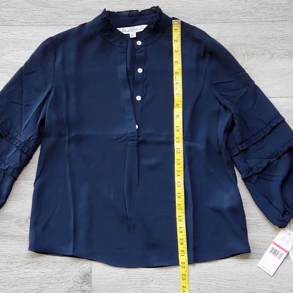 Eco Nanette Lepore Navy Shirt Womens Xs Ruffle Three Quarter Sleeves - Picture 9 of 10